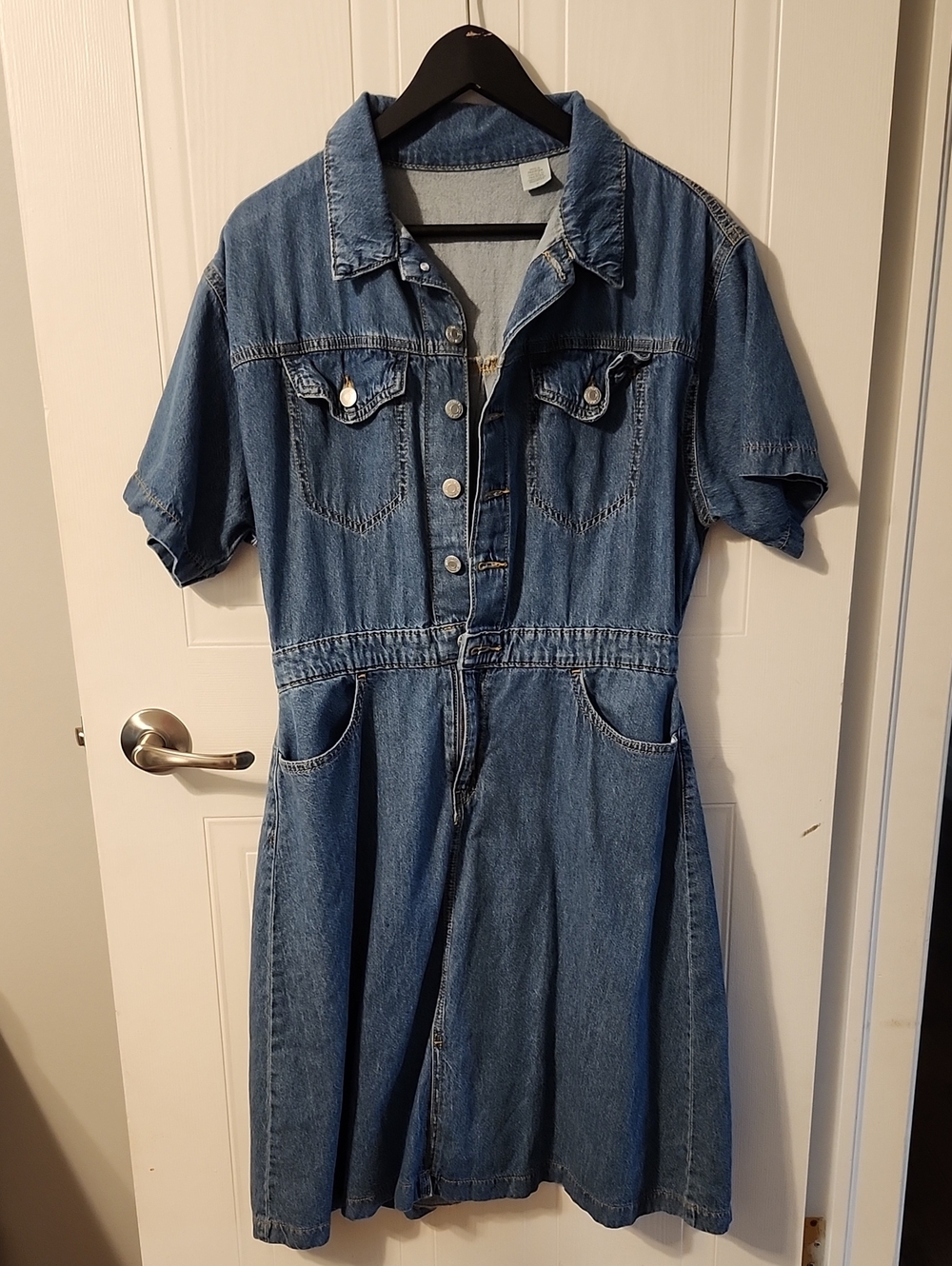 Women's Blue Denim Short Sleeve Button-Front Mini Dress